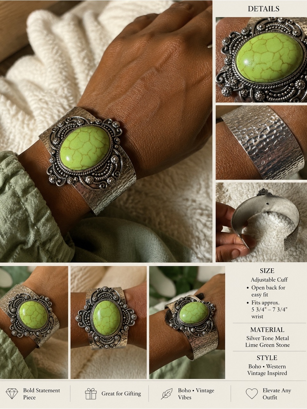Silver toned Cuff Bracelet with Lime Green Stone